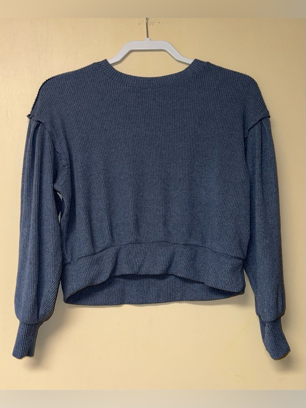 SO Blue Ribbed Scoop Sweater with Gathered Sleeves - Cropped